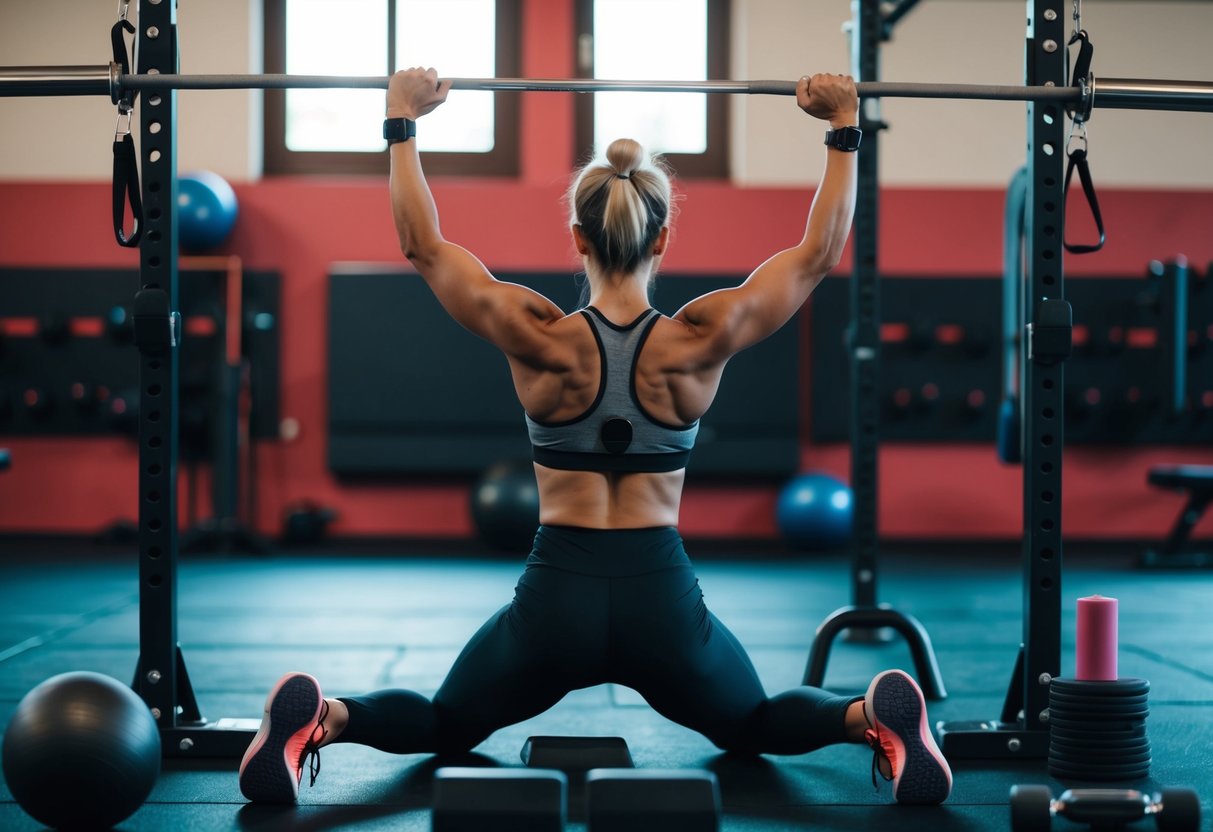 A figure performing advanced core exercises, surrounded by gym equipment and fitness accessories