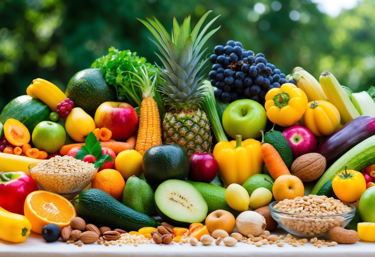 A vibrant array of colorful fruits, vegetables, nuts, and grains arranged on a table, exuding freshness and vitality