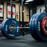 A weightlifting bar loaded with heavy plates, surrounded by gym equipment and motivational posters. A determined atmosphere with focused energy