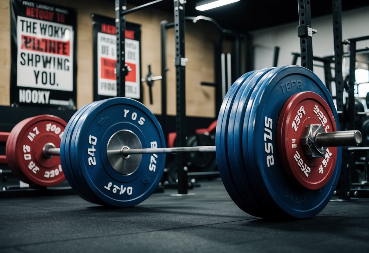 A weightlifting bar loaded with heavy plates, surrounded by gym equipment and motivational posters. A determined atmosphere with focused energy