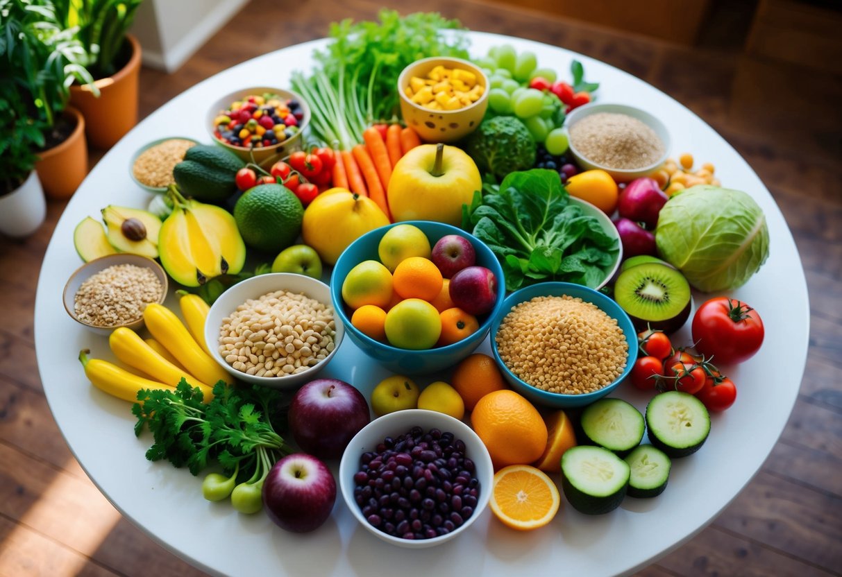 A colorful array of nutrient-rich foods, including fruits, vegetables, whole grains, and legumes, arranged on a table with vibrant natural lighting