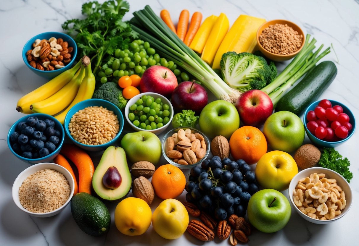 A colorful array of nutrient-rich foods, such as fruits, vegetables, nuts, and whole grains, arranged in a vibrant and appetizing composition