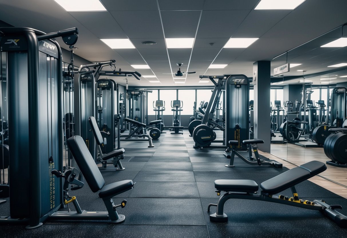 A gym with various training equipment arranged in a diverse and dynamic layout, showcasing different modalities for combatting workout plateaus