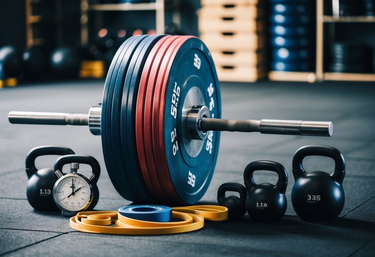 A weightlifting bar loaded with heavy plates, surrounded by resistance bands, kettlebells, and a stopwatch on a gym floor